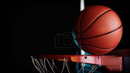 The basketball ball is passing through the hoop. 3d, rendering, illustration,