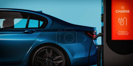 Photo for EV Electric car silhouette with low battery charging at electric charge station. 3d, rendering, illustration, - Royalty Free Image