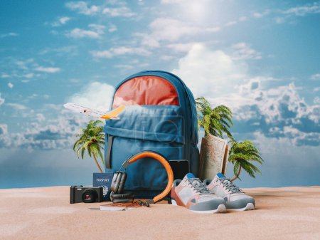 equipo para la preparación para viajar, pasaporte bolsa zapatos auriculares cámara concepto de viaje, cielo y fondo de mar, 3 dimensiones e ilustración.