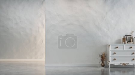 Foto de Una mesa de madera blanca se sienta frente a una elegante pared blanca. 3d, representación, ilustración, - Imagen libre de derechos
