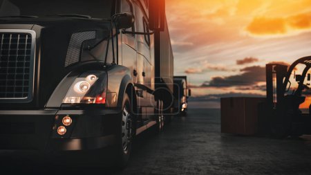 Téléchargez les photos : Les camions-remorques alignés dans le parking au coucher du soleil. 3d, rendu, illustration, - en image libre de droit