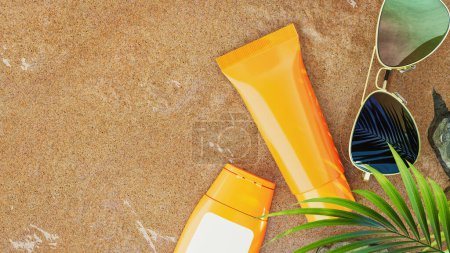 Photo for Bottle of sunscreen, sunglasses and palm leaves on the beach. 3d, rendering, illustration, - Royalty Free Image