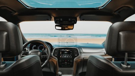Photo for Image of the interior of a car parked on the beach.. 3d, rendering, illustration, - Royalty Free Image