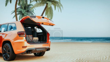 Téléchargez les photos : Un 4x4 orange avec son coffre ouvert sur une plage. 3d, rendu, illustration, - en image libre de droit