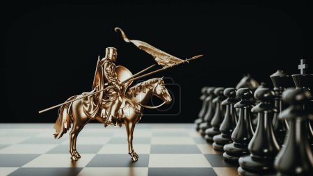 Foto de Imagen de ajedrez dorado en el tablero de ajedrez Transmite competencia y desafío. Indica lujo y elegancia. 3d, representación, ilustración, - Imagen libre de derechos