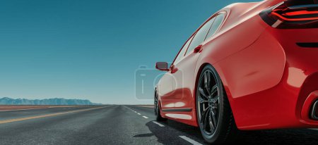 Téléchargez les photos : Vue latérale rapprochée d'une voiture de sport de luxe rouge sur la route au coucher du soleil.3d rendu et illustration. - en image libre de droit