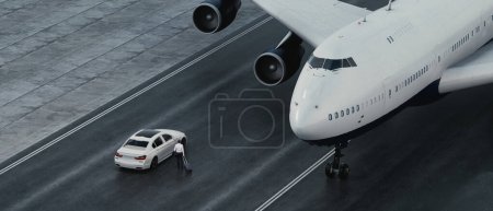 Photo for Businessman standing next to car on the runway close to airplane. 3d, rendering, illustration, - Royalty Free Image