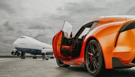 Foto de Empresario de pie junto al coche en la pista cerca del avión. 3d, representación, ilustración, - Imagen libre de derechos