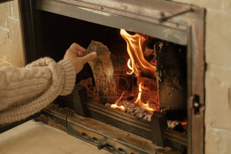 Photo for Heating house in winter with wood burning stove. Woman throwing firewood into burning fireplace in rustic room in farmhouse. Fireplace heating alternative to gas and electricity - Royalty Free Image
