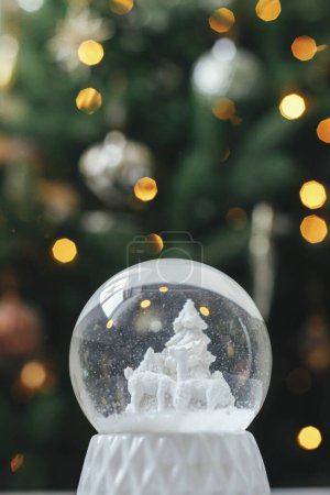 Photo for Stylish christmas snow globe on background of christmas tree in lights in festive decorated boho room. Snowy white snow globe against lights bokeh. Merry Christmas! Atmospheric winter time - Royalty Free Image