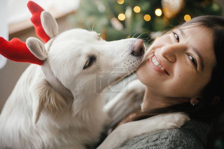 Photo for Merry Christmas! Cute dog in reindeer antlers playing with owner at stylish christmas tree. Pet and winter holidays. Happy woman hugging adorable funny white danish spitz in festive room - Royalty Free Image