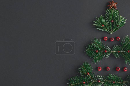 Foto de Las ramas de abeto, bayas rojas y la estrella del anís en forma de árbol de Navidad sobre fondo negro, idea creativa. Vacaciones de invierno, tarjetas de felicitación de temporada. ¡Feliz Navidad! Moderna disposición plana festiva, espacio para el texto - Imagen libre de derechos