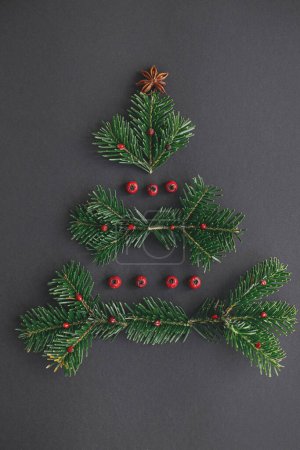 Téléchargez les photos : Branches de sapin, baies rouges et étoile d'anis en forme d'arbre de Noël sur fond noir, idée créative. Vacances d'hiver, carte de vœux des saisons. Joyeux Noël ! Pose plate festive moderne, espace pour le texte - en image libre de droit