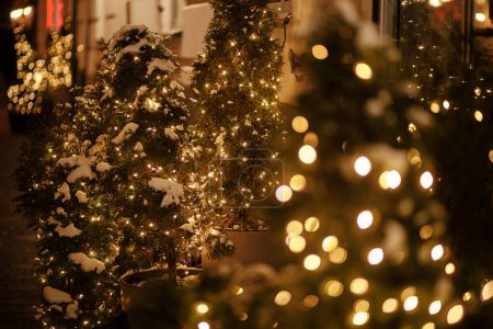 Téléchargez les photos : Arbre de Noël élégant avec des lumières et des branches enneigées en soirée. Décor de Noël moderne dans la rue de la ville. Vacances d'hiver atmosphériques en Europe. Joyeux Noël et Joyeuses Fêtes! - en image libre de droit
