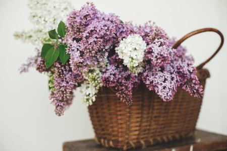 Photo for Beautiful lilac flowers in wicker basket on wooden chair. Purple and white lilacs petals close up, floral composition in home. Spring rustic still life on rural background. Mothers day or wedding - Royalty Free Image
