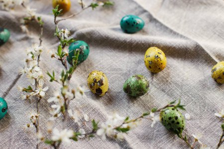 Téléchargez les photos : Stylish easter eggs and blooming cherry flowers on rustic table. Happy Easter! Rustic easter still life. Natural painted quail eggs and cherry blossoms on linen fabric - en image libre de droit