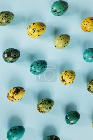 Photo for Easter flat lay. Stylish easter eggs on blue background. Happy Easter! Natural painted colorful quail eggs composition. Modern greeting card or banner - Royalty Free Image