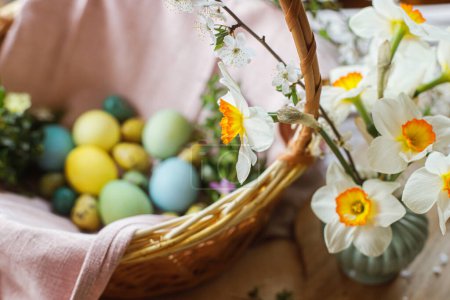 Téléchargez les photos : Beautiful daffodils on background of stylish natural dyed easter eggs with spring flowers on linen napkin in wicker basket. Rustic Easter still life. Happy Easter! - en image libre de droit