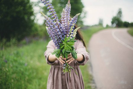 Photo for Woman holding lupine bouquet close up in summer countryside. Cottagecore aesthetics. Young female in linen dress holding wildflowers on background of rural road and meadow, slow life - Royalty Free Image