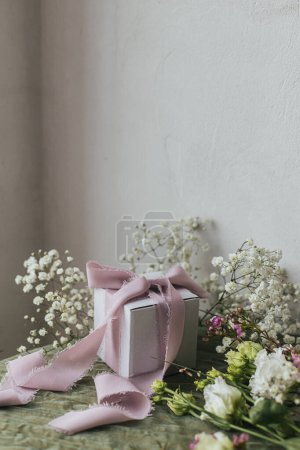 Foto de Stylish simple gift with silk ribbons and beautiful flowers on green fabric background. Happy women's day and mother's day concept. Modern spring holiday still life. Greeting card - Imagen libre de derechos