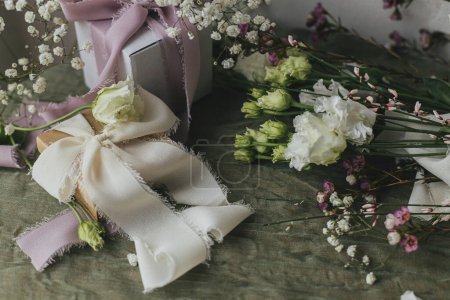 Téléchargez les photos : Stylish simple gift with silk ribbons and beautiful flowers on green fabric background. Happy women's day and mother's day concept. Modern spring holiday still life. Greeting card - en image libre de droit