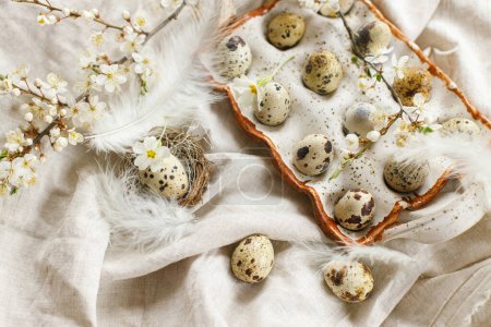 Foto de Elegantes huevos de Pascua y flores florecientes de primavera en tela de lino. ¡Feliz Pascua! Huevos naturales de codorniz en bandeja, plumas y flores de cerezo en mesa rural. Naturaleza muerta de Pascua rústica - Imagen libre de derechos