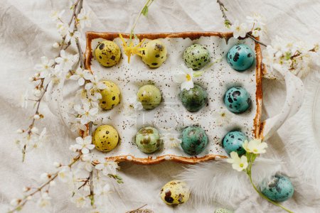 Photo for Rustic easter flat lay. Stylish easter eggs and blooming spring flowers on linen fabric. Happy Easter! Natural painted quail eggs in tray, feathers and cherry blossoms on rural table - Royalty Free Image