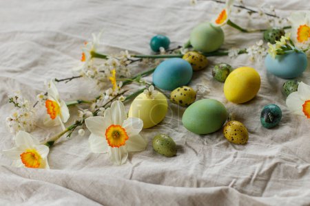Téléchargez les photos : Happy Easter! Stylish easter eggs and blooming spring flowers on rustic table. Rustic easter still life. Natural painted eggs and daffodils bloom on linen fabric - en image libre de droit