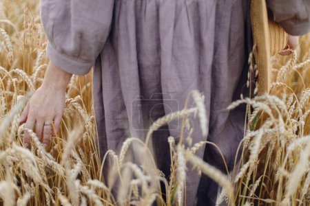 Téléchargez les photos : Femme tenant à la main des tiges de blé en plein champ, vue dégagée. Récolte des céréales. Femme en robe de lin rustique touchant les épis de blé mûr dans la campagne estivale. La vie rurale. Crise alimentaire et faim dans le monde - en image libre de droit