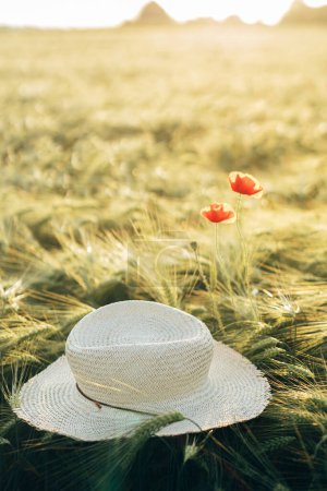 Photo for Rustic straw hat and red poppy on barley ears in evening field close up. Wildflowers and farm hat in summer countryside. Atmospheric moment in evening meadow - Royalty Free Image