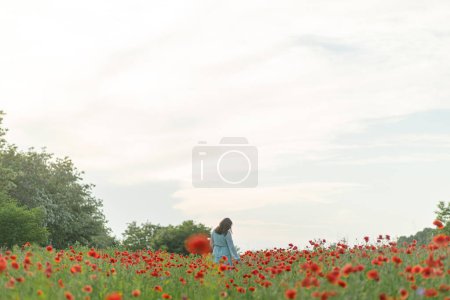 Foto de Mujer en vestido floral caminando en el campo de amapola en el campo de verano por la noche. Momento atmosférico. Joven hembra relajándose y recogiendo flores silvestres en el prado. Vida rural sencilla - Imagen libre de derechos