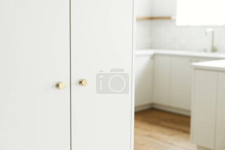 Photo for Modern kitchen interior. Stylish white kitchen cabinets with brass knobs close up in new scandinavian house. Cleaning closet. Modern minimal kitchen design. Storage - Royalty Free Image