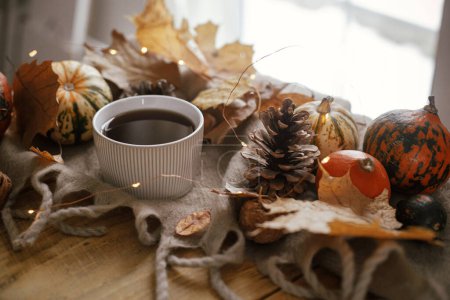 Foto de Autumn rural banner. Warm cup of tea, pumpkins, fall leaves, nuts, cozy scarf and lights on rustic wooden table. Autumn still life. Happy Thanksgiving. Hygge fall home - Imagen libre de derechos