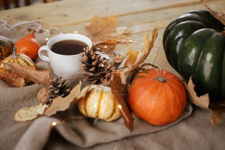 Téléchargez les photos : Warm cup of tea, pumpkins, autumn leaves, cones, cozy scarf and lights on rustic wooden table in farmhouse. Cozy fall in rural home. Happy Thanksgiving. Autumn hygge still life, banner - en image libre de droit