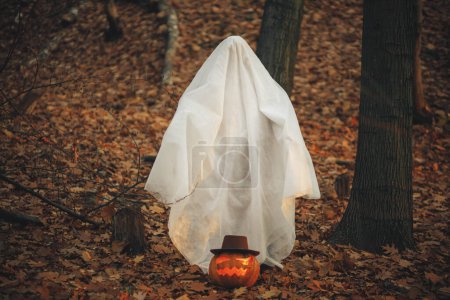 Téléchargez les photos : Élégant fantôme et Jack o lanterne dans la forêt d'automne humide. Personne habillée en drap blanc comme fantôme avec citrouille debout dans les bois d'automne du soir. Joyeux Halloween ! Trick ou traiter - en image libre de droit