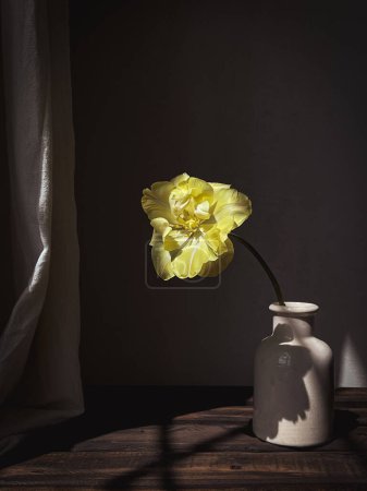 Foto de Hermoso tulipán amarillo en jarrón a la luz del sol sobre fondo rústico malhumorado. Flor con estilo bodegón, composición artística. Papel pintado vertical floral - Imagen libre de derechos