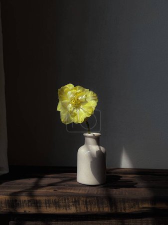 Téléchargez les photos : Élégante fleur nature morte, composition artistique lunatique. Belle tulipe jaune dans un vase à la lumière du soleil sur fond rustique. Fond d'écran vertical floral - en image libre de droit