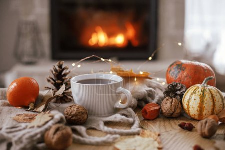 Téléchargez les photos : Warm cup of tea, pumpkins, autumn leaves, cozy scarf on rustic wooden table on background of burning fireplace. Hygge fall home, rural banner. Autumn still life. Happy Thanksgiving - en image libre de droit