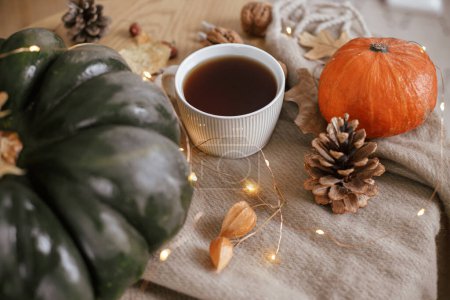 Téléchargez les photos : Warm cup of tea, pumpkins, autumn leaves, cones, cozy scarf and lights on rustic wooden table in farmhouse. Cozy fall in rural home. Happy Thanksgiving. Autumn hygge still life, banner - en image libre de droit