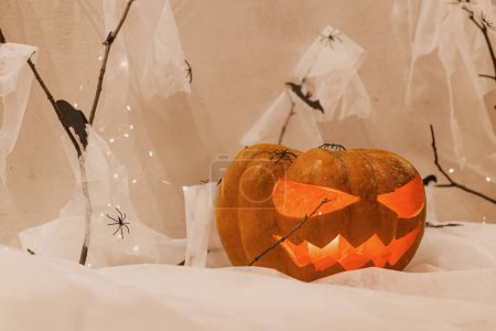 Téléchargez les photos : Spooky Jack o lanterne sculptée citrouille, toile d'araignée, fantôme, chauves-souris et la lumière du jour dans la soirée. Joyeux Halloween ! Décorations de fête d'Halloween atmosphériques effrayantes, espace pour le texte. Trick ou traiter - en image libre de droit