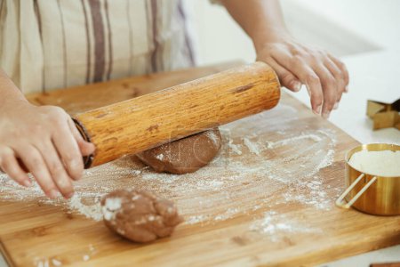 Téléchargez les photos : Mains pétrissant la pâte à pain d'épice sur une planche en bois avec rouleau à pâtisserie, coupeuses en métal doré, épices de cuisson dans la cuisine blanche moderne. Femme faisant des biscuits de pain d'épice de Noël - en image libre de droit