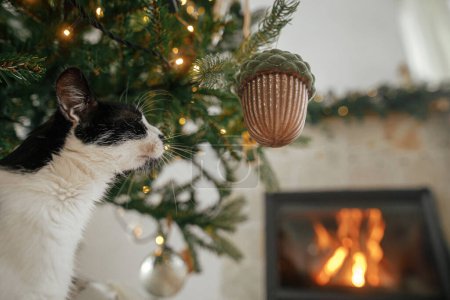 Téléchargez les photos : Chat mignon assis sous l'arbre de Noël élégant avec des boules vintage sur fond de cheminée en feu. Adorable chat relaxant dans le salon décoré de Noël. Animaux domestiques et vacances d'hiver - en image libre de droit