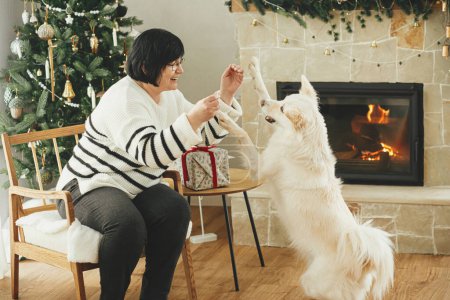 Foto de Feliz mujer mayor jugando con adorable perro blanco en la elegante sala de estar navideña. Hermosa mujer disfrutando de acogedora chimenea con linda mascota en el fondo del árbol de Navidad decorado - Imagen libre de derechos