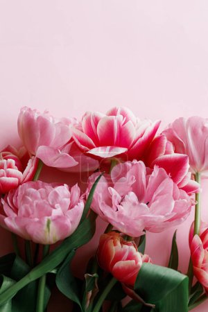 Téléchargez les photos : Belles tulipes rouges à plat posées sur fond rose. Bordure florale élégante avec espace pour le texte. Bonne Saint-Valentin et bonne fête des mères. Modèle de fleurs roses et rouges tendres - en image libre de droit