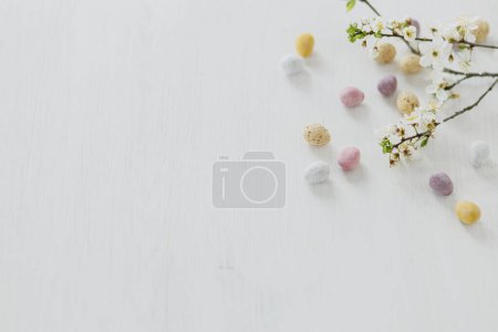 Foto de Pascua rústico piso laico. Coloridos huevos de chocolate de Pascua y suaves flores de primavera bordean la composición en la mesa de madera blanca. Espacio para el texto. ¡Feliz Pascua! Saludos de temporada - Imagen libre de derechos
