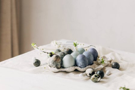 Foto de Elegantes huevos de Pascua y flores de primavera en la mesa rústica. ¡Feliz Pascua! Mármol colorante natural y huevos azules en bandeja y flores de cerezo. ¡Feliz Pascua! Vacaciones bodegón mínimo - Imagen libre de derechos