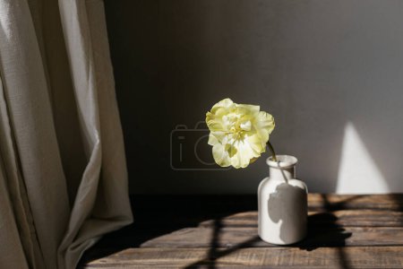 Photo for Spring flower in vase rustic still life. Beautiful yellow tulip on aged wooden bench on background of grey wall in sunlight. Floral wallpaper. Happy Mothers day. Copy space - Royalty Free Image