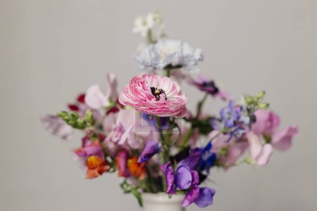 Stylish bouquet close up on rustic background. Beautiful colorful anemone, ranunculus, lathyrus scabiosa in vase. Summer flowers, floral moody still life. Space for text