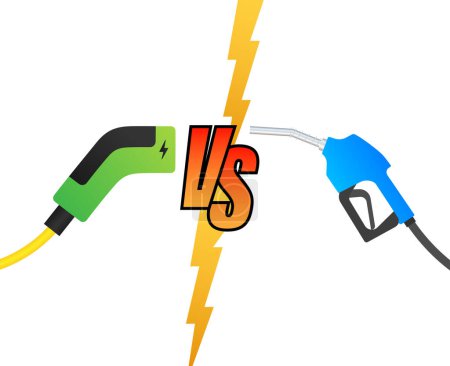 Ilustración de Coche eléctrico y pelea de combustible. Gasolina vs carga de enchufe ev. Ilustración de stock vectorial - Imagen libre de derechos