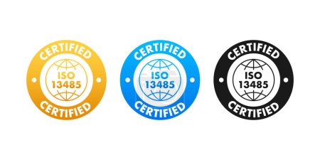 Ilustración de ISO 13485 Insignia certificada, icono. Sello de certificación. Diseño plano vector ilustración - Imagen libre de derechos
